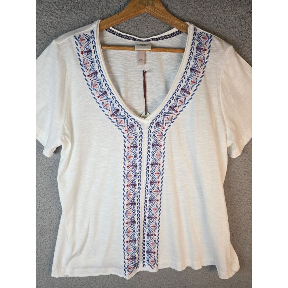Knox Rose White Embroidered Dragonfly Boho Tee Top XXL V Neck Short Sleeve